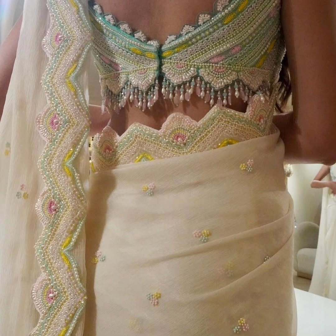 Ivory blouse with mint, pink and yellow beaded scalloped border