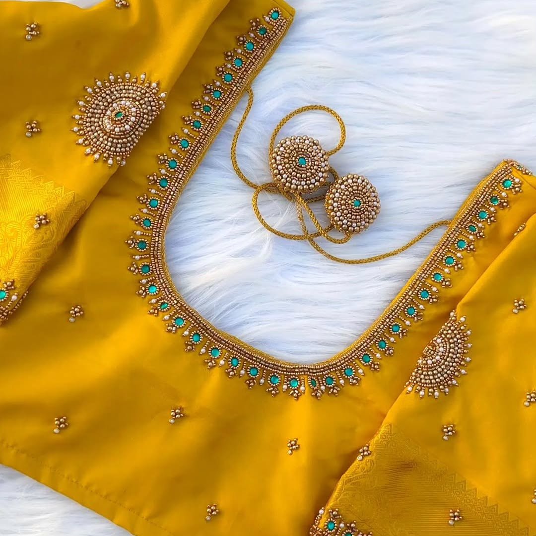 Yellow silk blouse with green stone and pearl embroidery, custom stitched